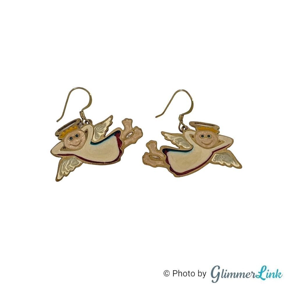 Vintage Whimsical Angels Enamel Cloisonné Drop Dangle Gold Tone Earrings